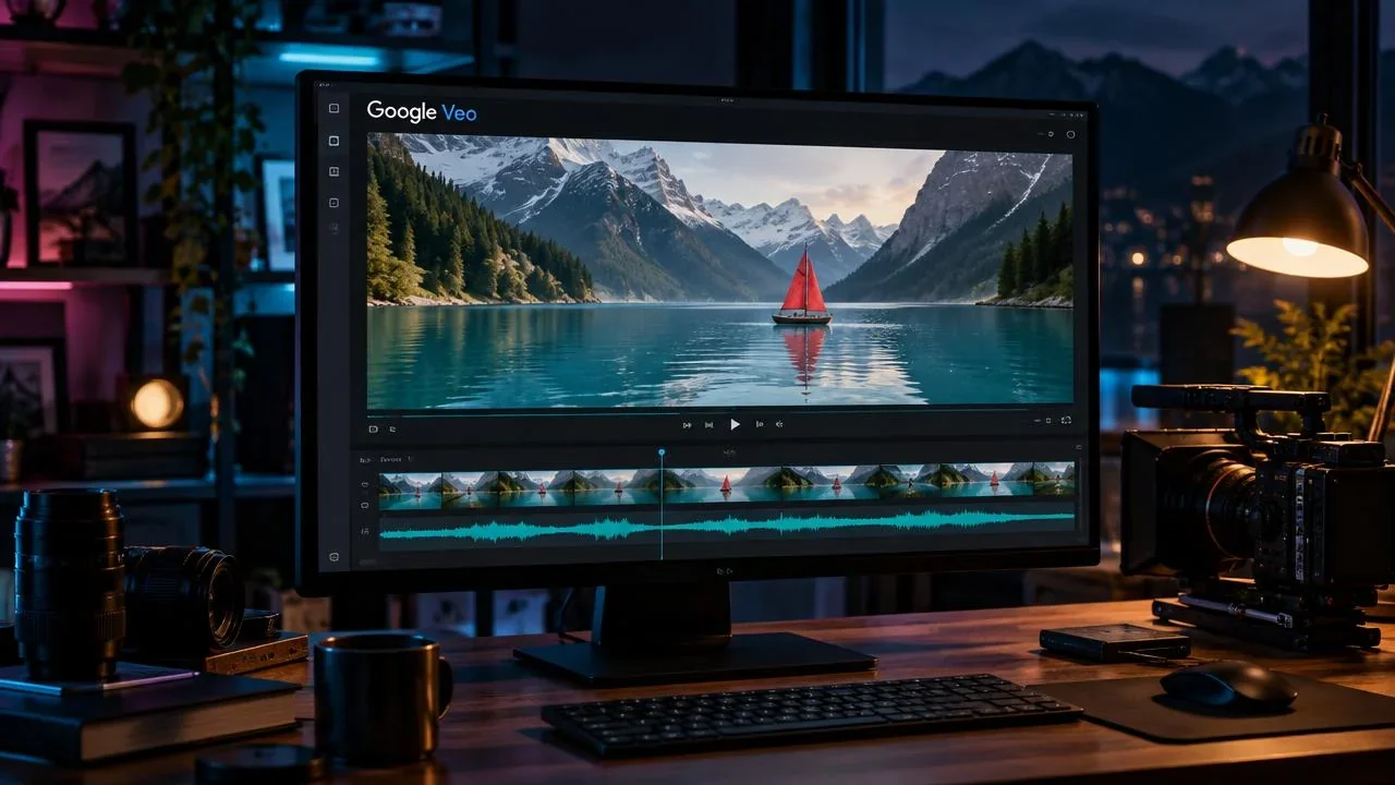 Ilustración conceptual de Google Veo: un monitor muestra una barca roja en un lago y una línea de edición de vídeo en un estudio.