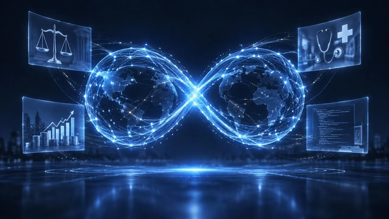 Ilustración conceptual de un símbolo de infinito luminoso con paneles de derecho, finanzas, salud y código que representa los modelos Muse Wonder de Meta