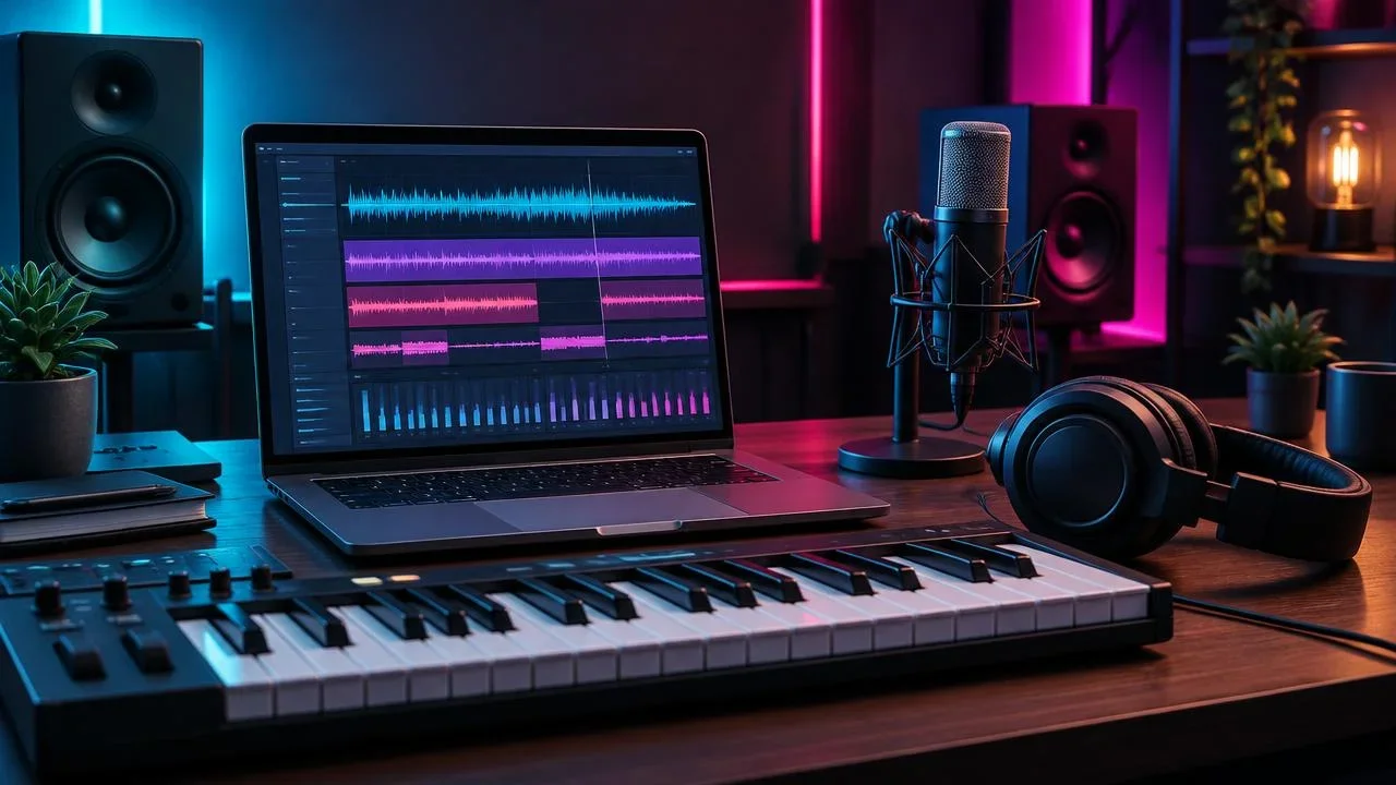 Imagen editorial de un estudio musical con teclado, micrófono y ondas de audio que ilustra la creación de canciones con Suno e inteligencia artificial.