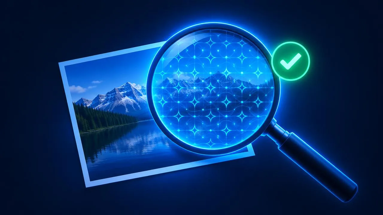 Lupa luminosa sobre una fotografía de montañas que revela una marca de agua invisible y un símbolo verde de verificación.