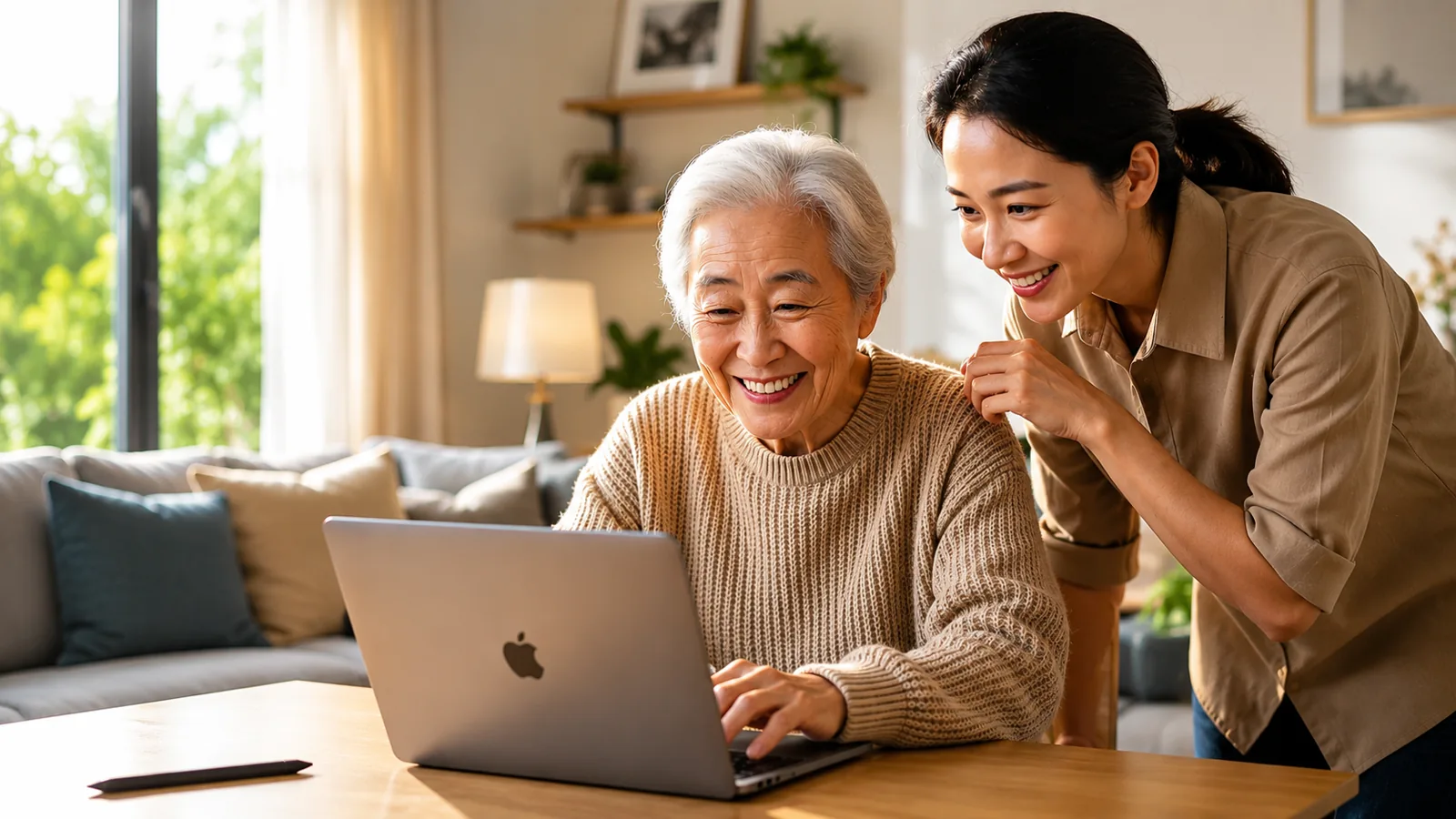 Pareja mayor sonriendo mientras usa una tablet