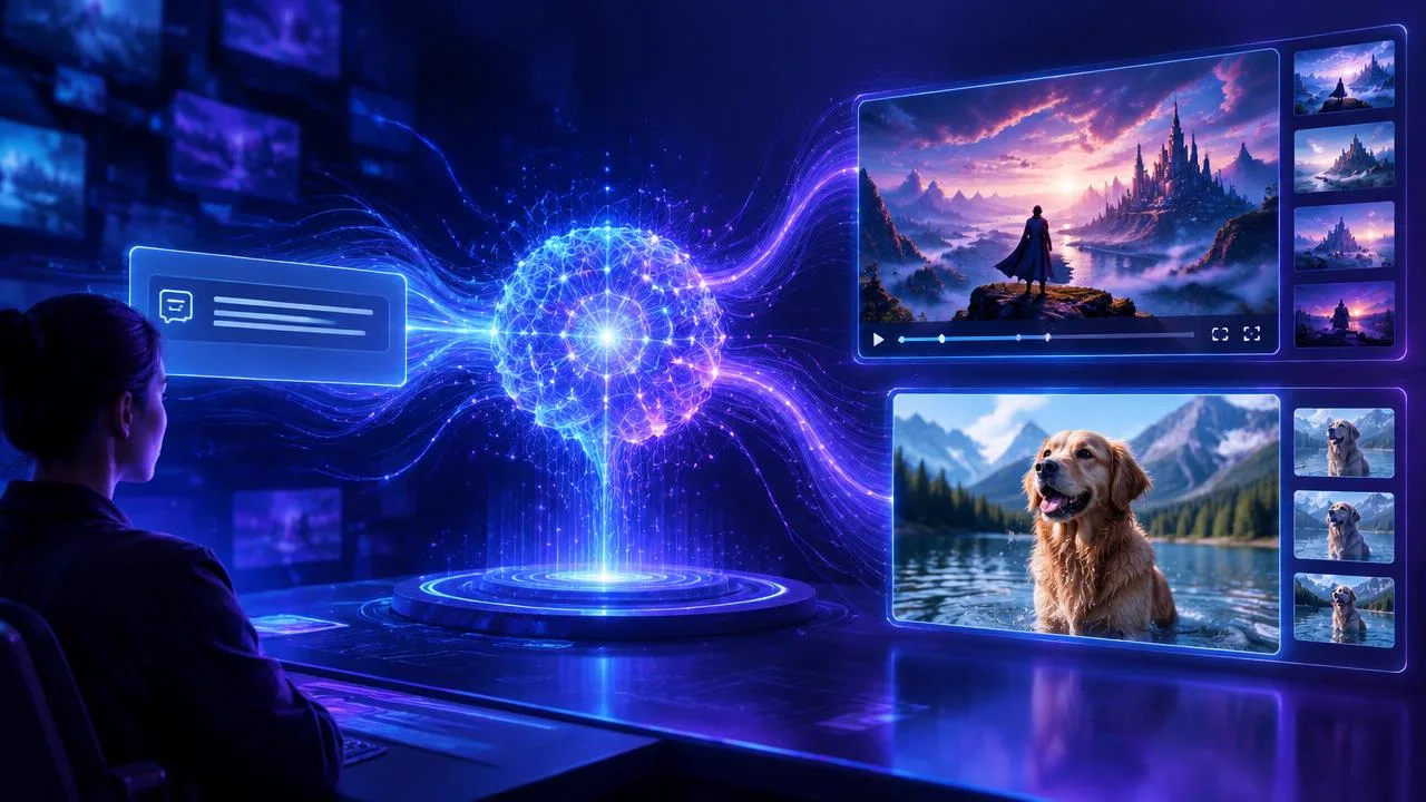 Interfaz de inteligencia artificial generativa transformando un texto en imágenes y vídeos realistas